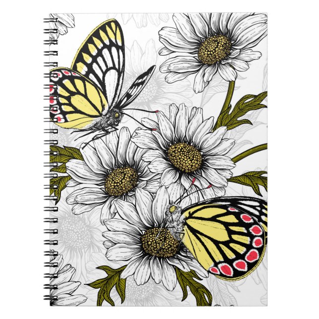 Caderno Espiral Borboletas de Jezebel e flores margaridas em branc (Frente)
