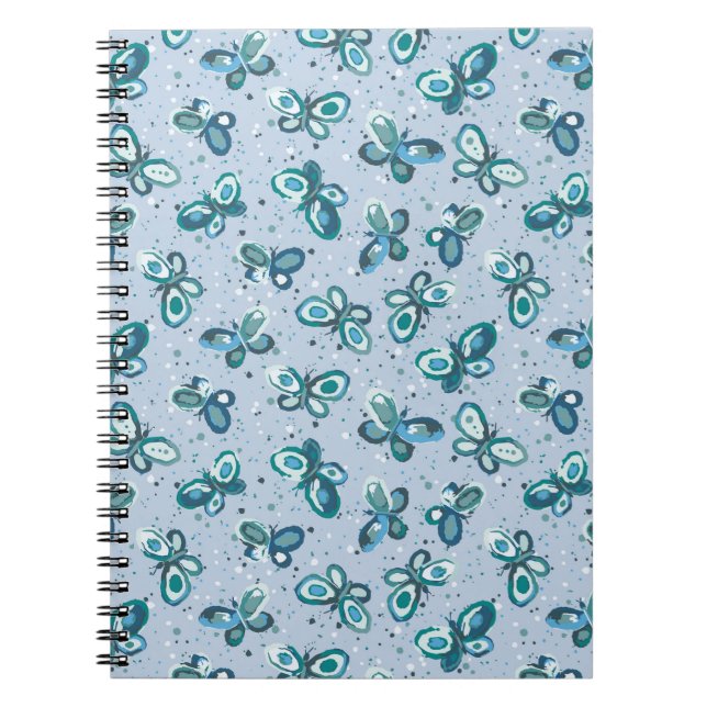 Caderno Espiral Borboletas Doodle Bugs - azul - padrão contínuo. (Frente)