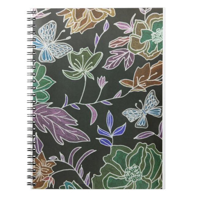 Caderno Espiral Borboletas e flores de fundo escuras Design (Frente)