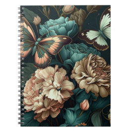Caderno Espiral Borboletas e flores design clássicas escuras
