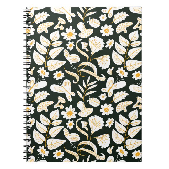 Caderno Espiral Borboletas e flores: Padrão de Verão de Doodle. (Frente)