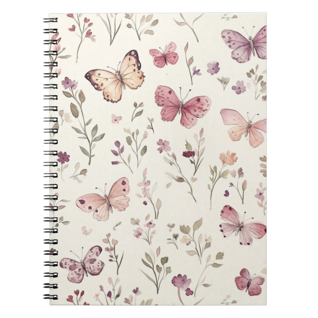 Caderno Espiral Borboletas Florais Creme Roxo (Frente)