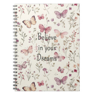 Caderno Espiral Borboletas Florais Creme Roxo Acredite em Sonhos