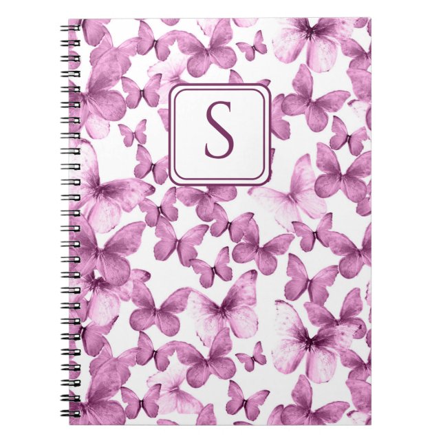 Caderno Espiral Borboletas rosa Monograma Personalizado Elegante M (Frente)