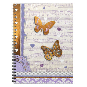 Caderno Espiral Borboletas roxas & Dourados bonito & colagem da