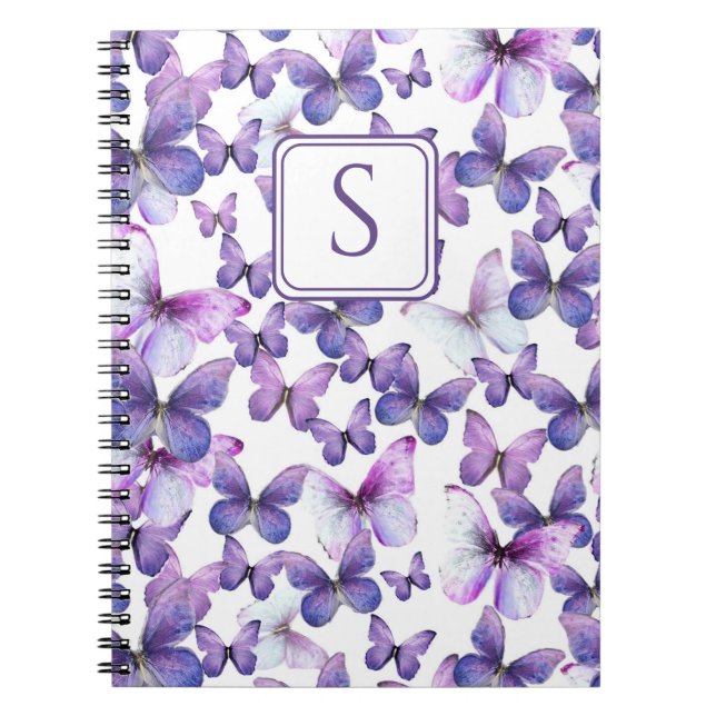 Caderno Espiral Borboletas Roxas Monograma Personalizado Elegante  (Frente)