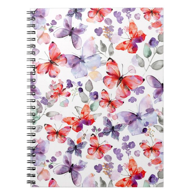 Caderno Espiral Borboletas Vermelhas Roxas (Frente)