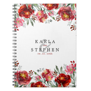 Caderno Espiral Borda de flores de jardim vermelho profundo