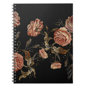 Caderno Espiral Bordados vintage buds do padrão de rosas
