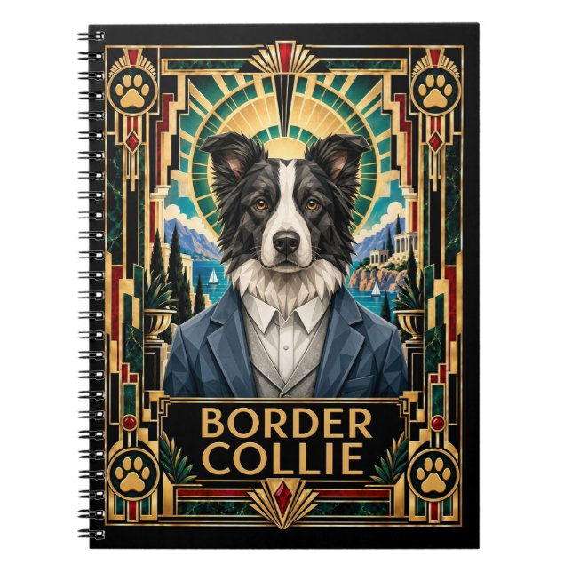 Caderno Espiral Border Collie, Cão Art Déco (Frente)