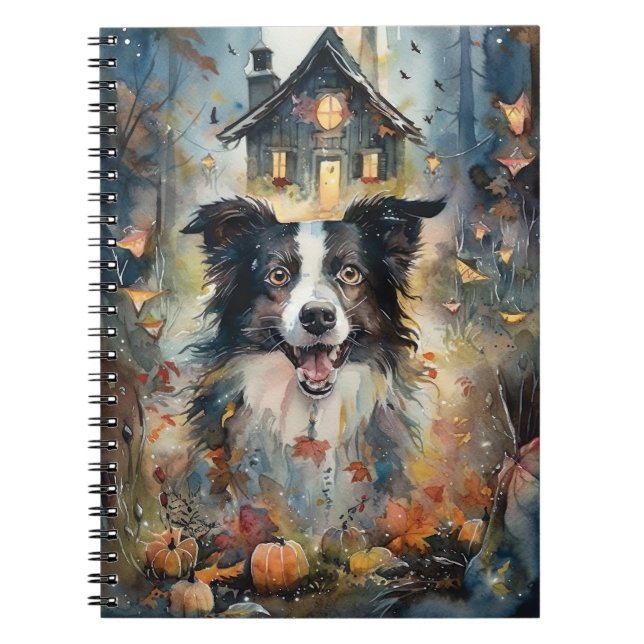 Caderno Espiral Border Collie de Halloween com Abóboras Assustador (Frente)