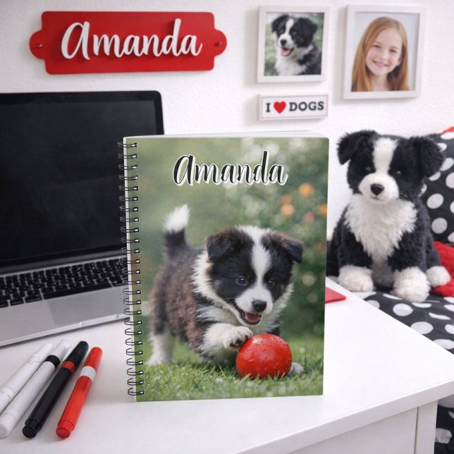 Caderno Espiral Border Collie Fofo com Bola Vermelha  (Cute Border Collie dog notebook for kids that love dogs. Add name or other text. )