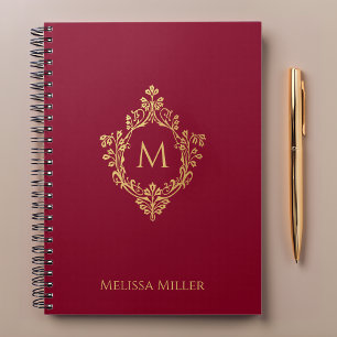 Caderno Espiral Bordô Monograma Vintage Crista Nome Falso Ouro