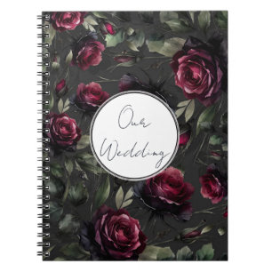 Caderno Espiral Bordô Rosas Vermelhas Cinza Sombrio Floral Casamen