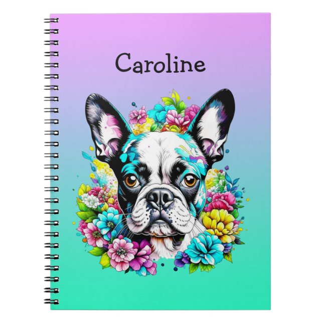 Caderno Espiral Boston Terrier cercado por flores personalizadas (Frente)