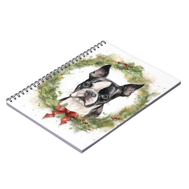 Caderno Espiral Boston Terrier Christmas Wreath Festivo Pup (Left Side)
