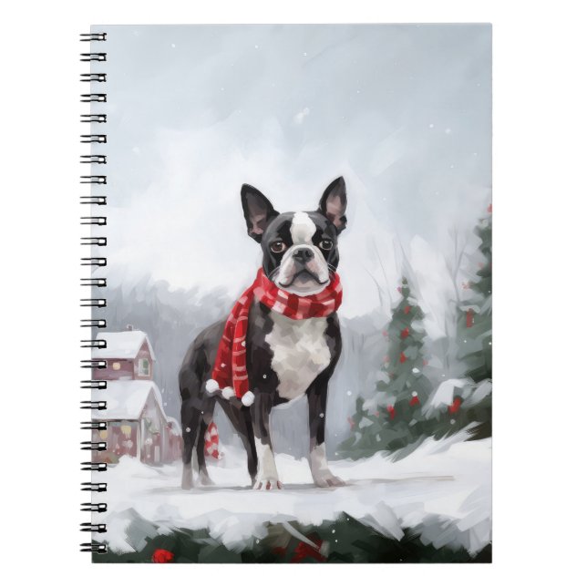 Caderno Espiral Boston Terrier Dog no Natal da neve (Frente)