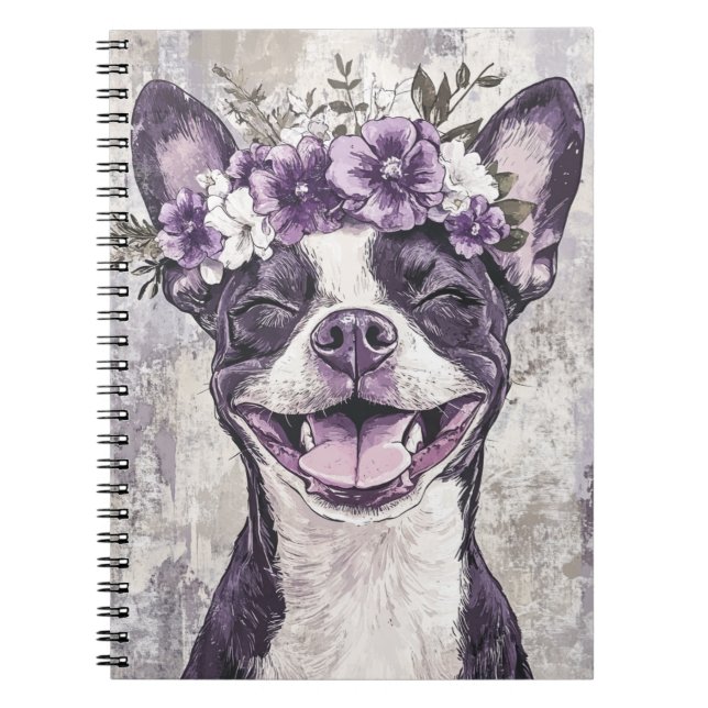 Caderno Espiral Boston Terrier Dog Purple Floral (Frente)