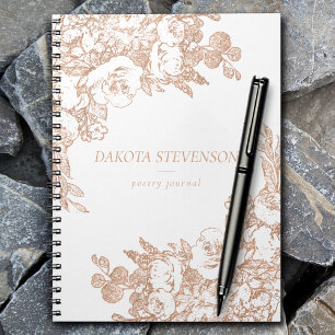 Caderno Espiral Botânica Elegante   Floral em Rosa Cobre Dourado P