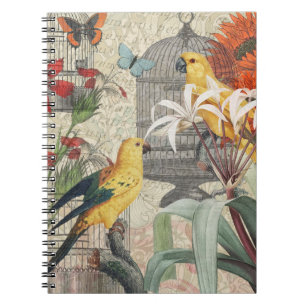 Caderno Espiral Botânica Vintage de Pássaros Natureza Antiga Tropi