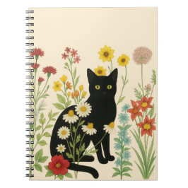 Caderno Espiral Botanical Nature – Black Cat in Wildflower Garden