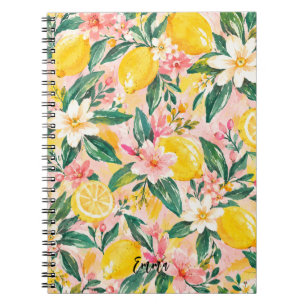 Caderno Espiral Botânico Rosa Floral Limão Personalizado