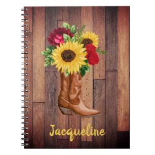 Caderno Espiral Botas de Cowgirl de Madeira Rústica Girassóis Rosa