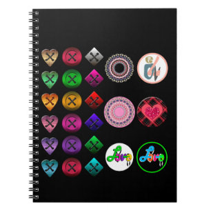 Caderno Espiral Botões de desenho em branco fundo preto colorido b