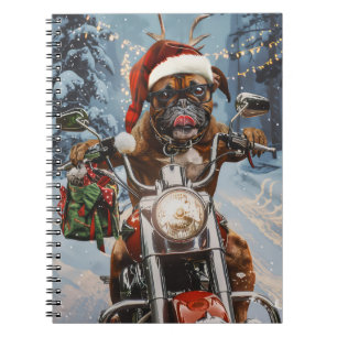 Caderno Espiral Boxer Dog Riding Motorcycle Christmas
