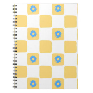 Caderno Espiral Branco Amarelo Verificado Com Padrão De Flor Azul