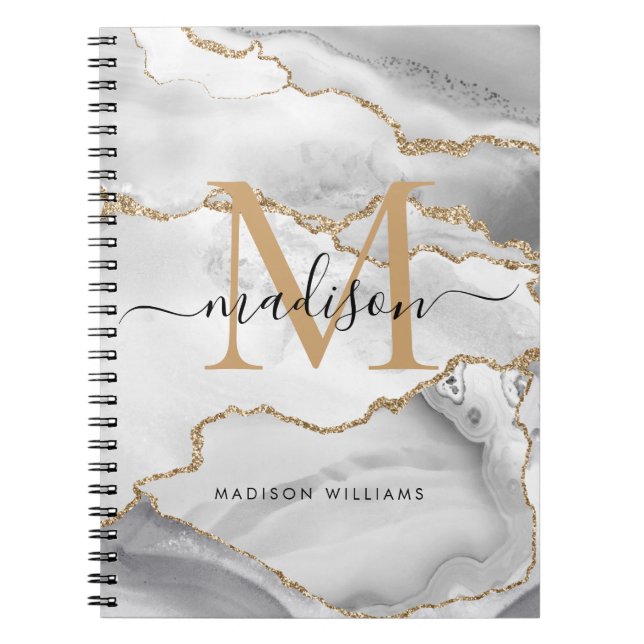 Caderno Espiral Branco Chic Glitter de Ouro Ágata Monograma Nome e (Frente)