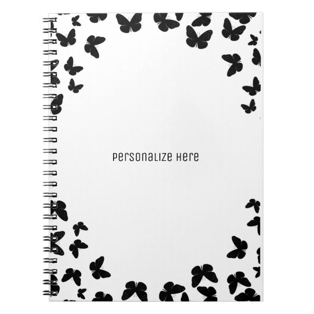 Caderno Espiral Branco com Borboletas Pretas Personalizadas (Frente)