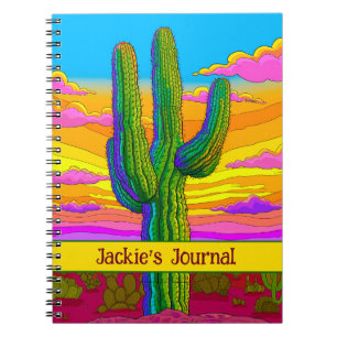 Caderno Espiral Bright Neon Saguaro Cactus Sunset Desert Scense