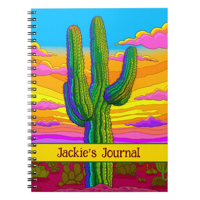 Caderno Espiral Bright Neon Saguaro Cactus Sunset Desert Scense (Frente)