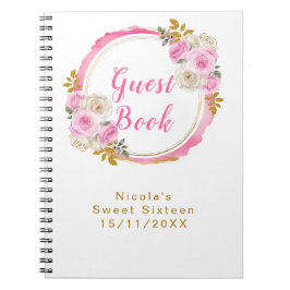 Caderno Espiral Bright Pink and Gold Elegant Flowers Sweet Sixteen