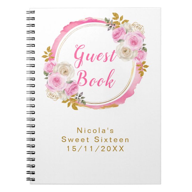 Caderno Espiral Bright Pink and Gold Elegant Flowers Sweet Sixteen (Frente)