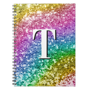 Caderno Espiral Brilhante Monograma Arco-Íris Glitter Chunky Femin