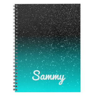 Caderno Espiral Brilhante Preto Faux e Omã Aqua Personalizados