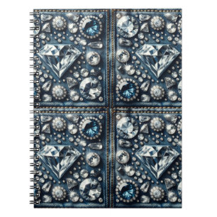 Caderno Espiral Brilho de Denim e Diamantes Joias Glamourosas de P