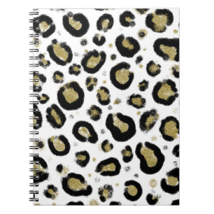 Caderno Espiral Brilho de Ouro Branco e Impressão de Leopardo Pret
