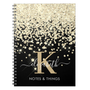 Caderno Espiral Brilho Dourado Chic Monograma de Diamante
