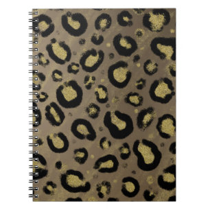 Caderno Espiral Brilho Dourado Marrom e Impressão de Leopardo e Gu
