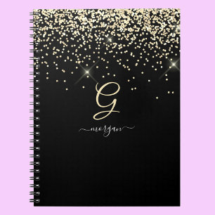 Caderno Espiral Brilho Dourado & Monograma Nome em Roteiro Branco