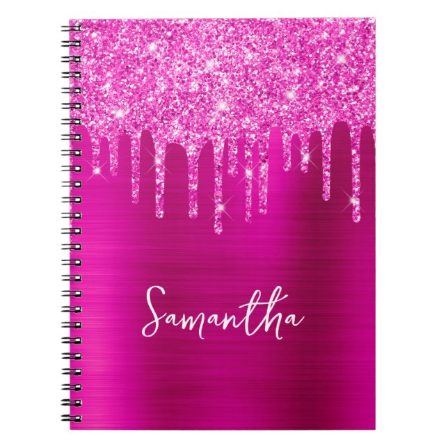 Caderno Espiral Brilho Magenta Glam Nome (Frente)