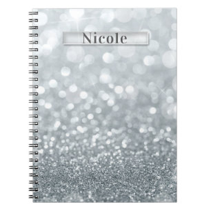 Caderno Espiral Brilho Prata Branco Bokeh Glam Moda