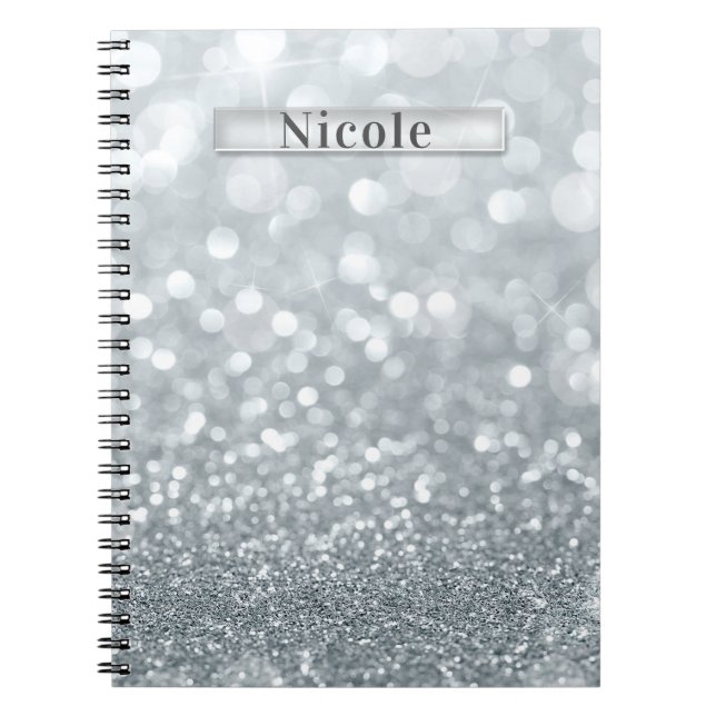 Caderno Espiral Brilho Prata Branco Bokeh Glam Tendência Brilho (Frente)
