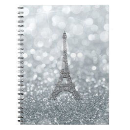 Caderno Espiral Brilho Prateado Brilho Paris Torre Eiffel Glam