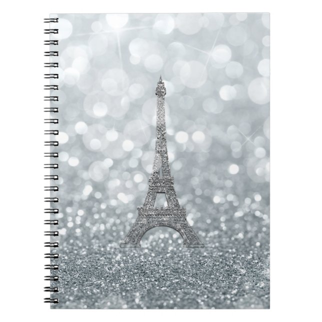 Caderno Espiral Brilho Prateado Brilho Paris Torre Eiffel Glam (Frente)