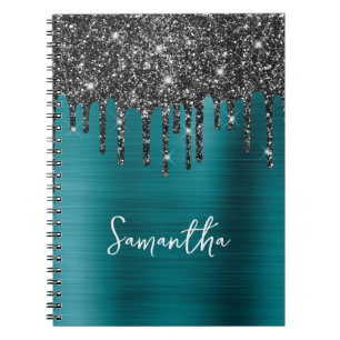 Caderno Espiral Brilho Preto Glitter Azul Verde Glam Nome