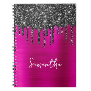 Caderno Espiral Brilho Preto Glitter Magenta Glam Nome